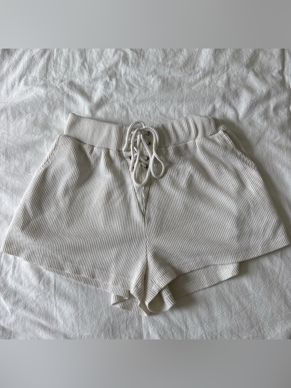 Princess Polly Ribbed Lace-Up Cream Athletic Shorts